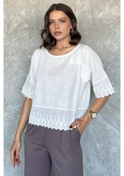 Kurdele Detaylı Kadın Keten Bluz P-00017695