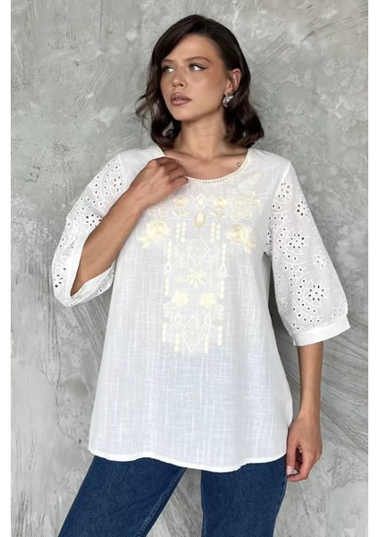 Kadın Nakışlı Keten Bluz P-00017693