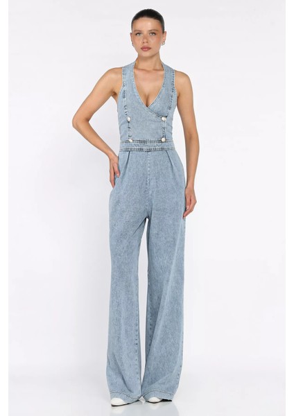 Ön Düğme Detaylı Kadın Jean Kot Tulum P-00017702