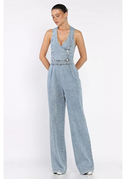 Ön Düğme Detaylı Kadın Jean Kot Tulum P-00017702