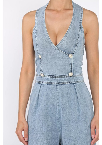 Ön Düğme Detaylı Kadın Jean Kot Tulum P-00017702