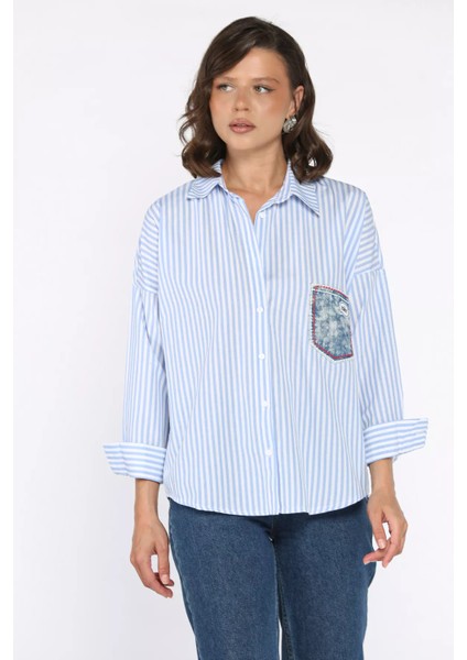 Çizgili Cepli Kadın Salaş Gömlek P-00017691 fiyatları