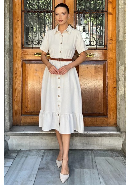 Boydan Düğmeli Kemerli Keten Elbise P-00017684 fiyatları