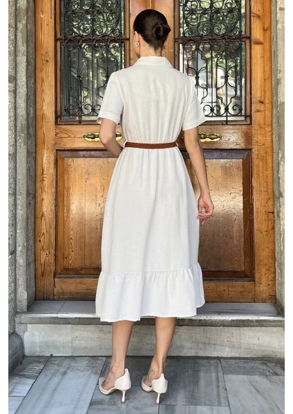 Boydan Düğmeli Kemerli Keten Elbise P-00017684 modelleri