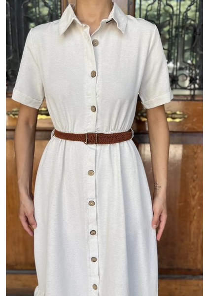 Boydan Düğmeli Kemerli Keten Elbise P-00017684 fırsatları