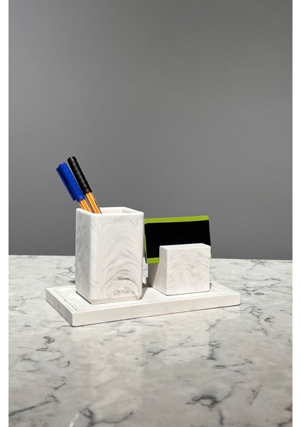3 Parça Mermer Desenli Beton Kalemlik ve Kartvizitlik Set modelleri