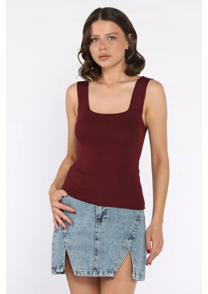 Kare Yaka Askılı Likralı Kadın Triko Bluz P-00017658