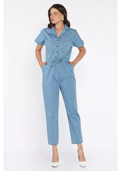 Kadın Bel Lastikli Cepli Jean Kot Tulum Salopet P-00017705