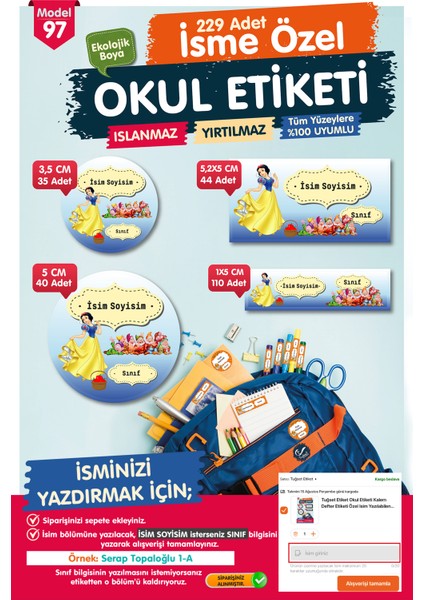 Okul Etiketi Pamuk Prenses Kalem Defter Etiketi Özel Isim Yazılabilen Etiket Seti - Isim ETIKETI-T584-OE97 fırsatları