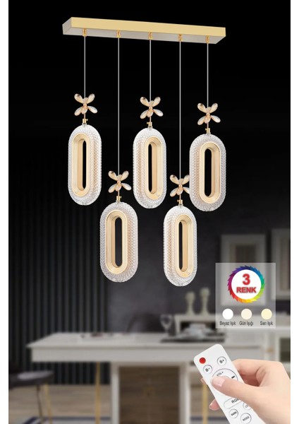 LED Alfa 5'li Sıralı Gold 3 Renk Ledli Kumandalı Yemek Masası Kristal Taşlı Modern LED Avize