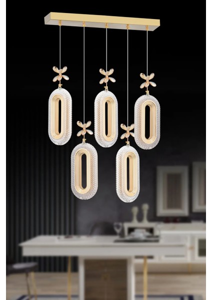 LED Alfa 5'li Sıralı Gold 3 Renk Ledli Kumandalı Yemek Masası Kristal Taşlı Modern LED Avize fiyatları