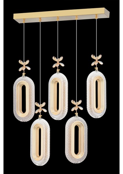 LED Alfa 5'li Sıralı Gold 3 Renk Ledli Kumandalı Yemek Masası Kristal Taşlı Modern LED Avize fırsatları