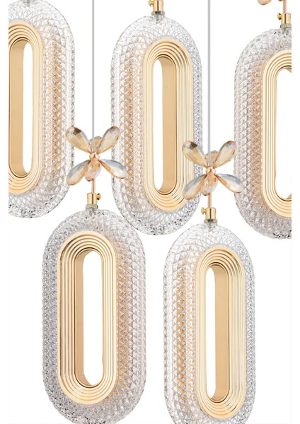 LED Alfa 5'li Sıralı Gold 3 Renk Ledli Kumandalı Yemek Masası Kristal Taşlı Modern LED Avize
