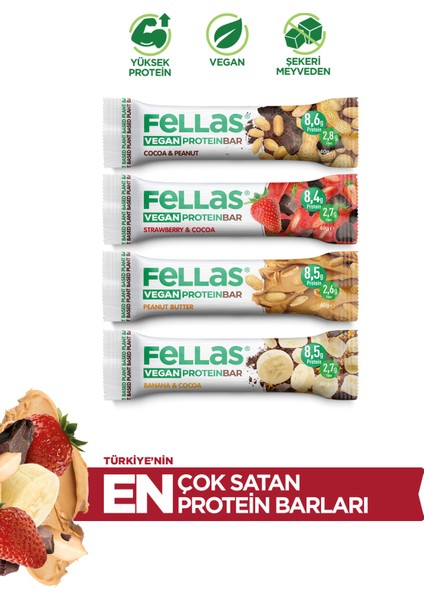 Vegan Protein Bar 4'lü Deneme Paketi - Muzlu ve Kakaolu, Çilekli ve Kakaolu, Yer Fıstıklı ve Kakaolu, Fıstık Ezmeli Vegan Protein Bar