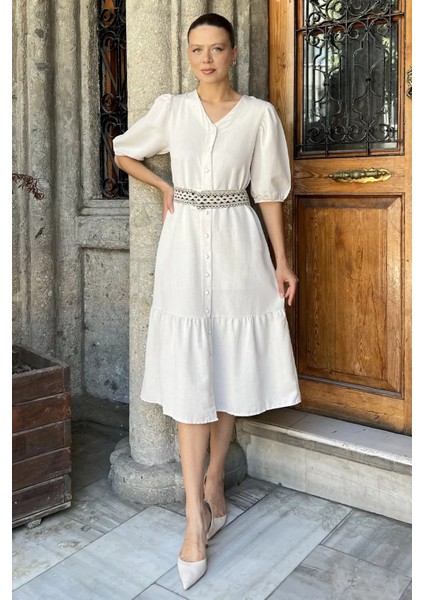 Kadın Kemerli Boydan Düğmeli Keten Elbise P-00017688