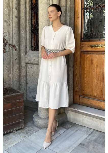 Kadın Kemerli Boydan Düğmeli Keten Elbise P-00017688 fiyatları