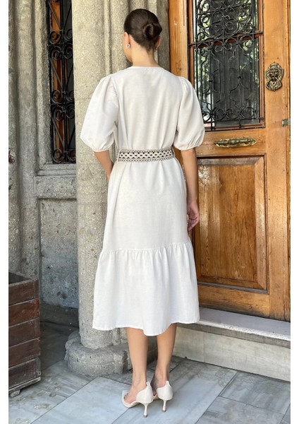 Kadın Kemerli Boydan Düğmeli Keten Elbise P-00017688 modelleri