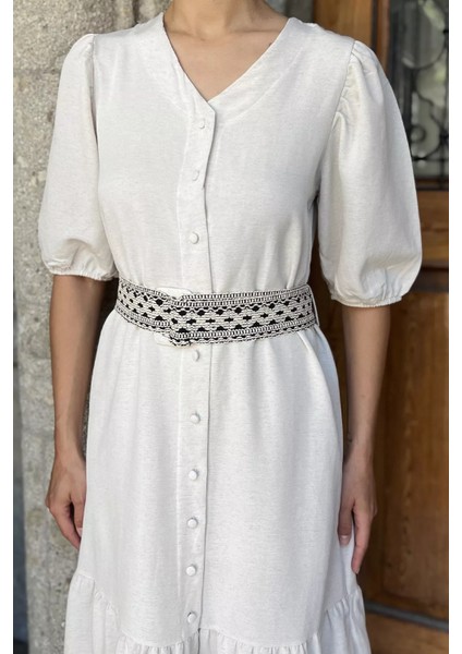 Kadın Kemerli Boydan Düğmeli Keten Elbise P-00017688 fırsatları