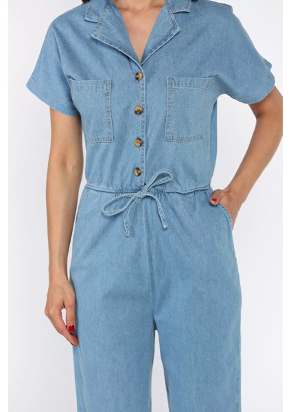 Kadın Bel Lastikli Cepli Jean Kot Tulum Salopet P-00017705 fırsatları