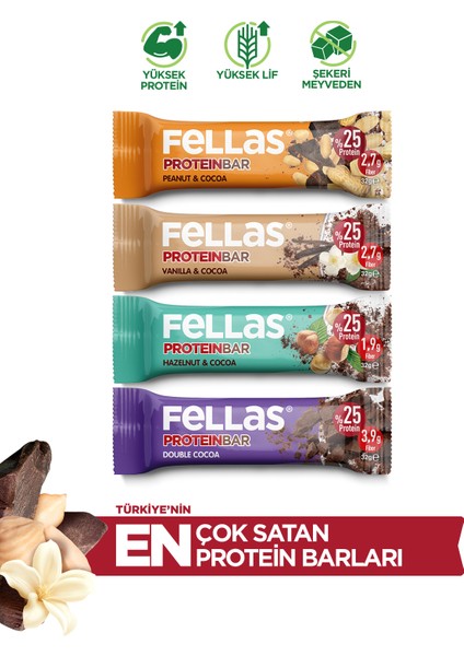 Protein Bar 4'lü Deneme Paketi - Duble Kakaolu, Yer Fıstıklı ve Kakaolu, Fındıklı ve Kakaolu, Vanilya ve Kakaolu Protein Bar