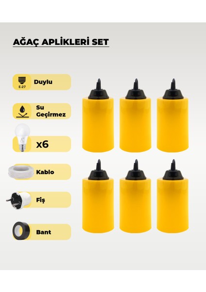 Hazır Set Sarı Silindir Ağaç Feneri - 6 Adet (Beyaz Işık Ampul, Kablo, Fiş ve Bant Dahil)