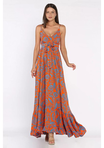 Ip Askılı Bel Bağcıklı Desenli Viskon Elbise P-00017237