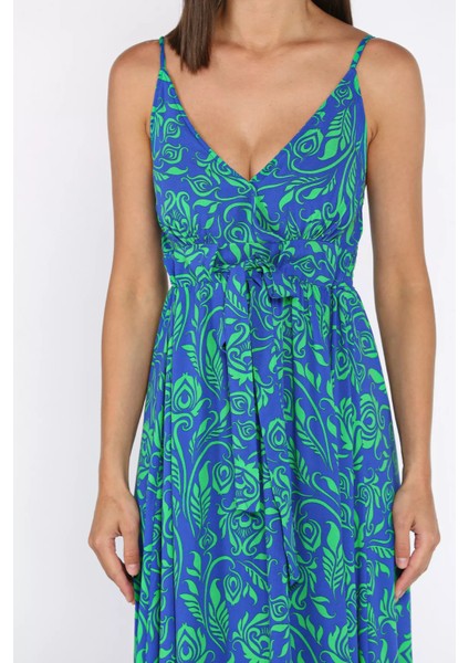 Ip Askılı Bel Bağcıklı Desenli Viskon Elbise P-00017237 fırsatları