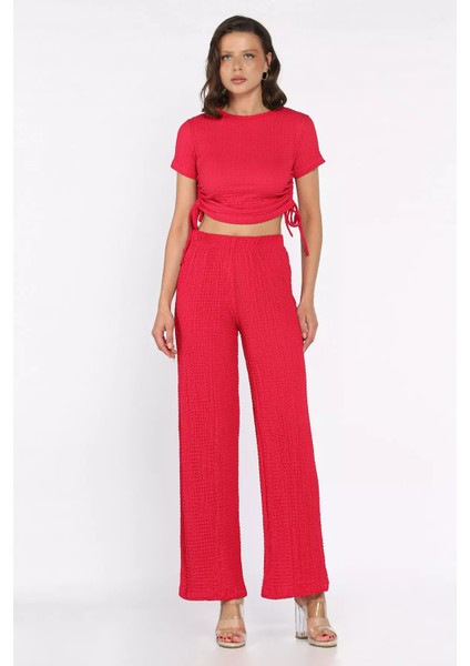 Kadın Kendinden Desenli Yan Büzgülü Bluz Pantolon Ikili Takım P-00017568