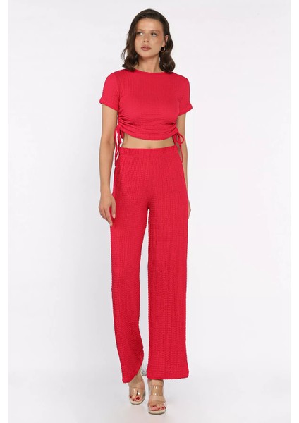 Kadın Kendinden Desenli Yan Büzgülü Bluz Pantolon Ikili Takım P-00017568 fiyatları