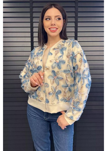 Kadın Tüllü Çiçek Desenli Ceket Hırka P-00014660