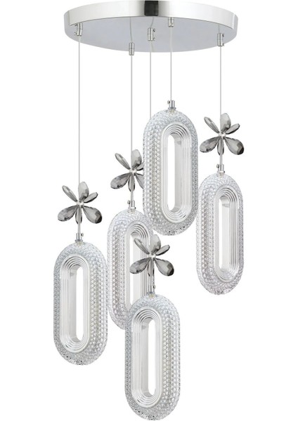 Alfa LED 5'li Gümüş Kumandalı 3 Renk Ledli Kristal Taşlı Modern LED Avize