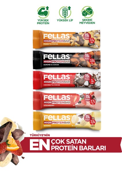 Yüksek Protein Bar 5'li Deneme Paketi - Hindistan Cevizli, Badem Kakaolu, Yer Fıstıklı, Muzlu ve Çilekli Yüksek Protein Bar
