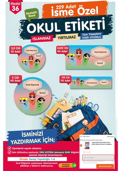 Okul Etiketi Power Puff Girls Kalem Defter Etiketi Özel Isim Yazılabilen Etiket Seti - Isim ETIKETI-T564-OE36