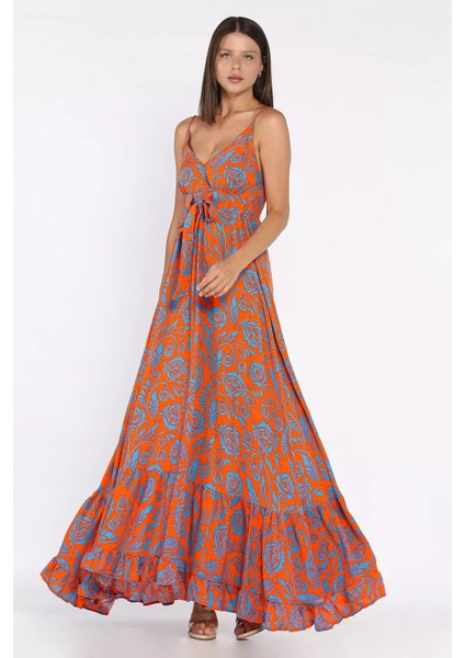 Ip Askılı Bel Bağcıklı Desenli Viskon Elbise P-00017237 fiyatları