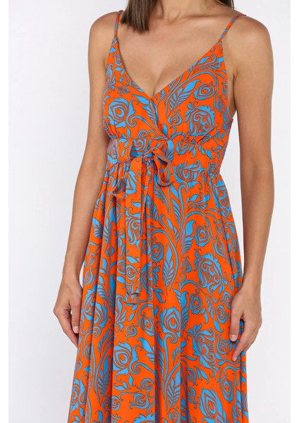 Ip Askılı Bel Bağcıklı Desenli Viskon Elbise P-00017237 fırsatları