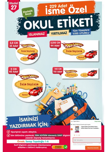 Okul Etiketi Hot Wheels Kalem Defter Etiketi Özel Isim Yazılabilen Etiket Seti - Isim ETIKETI-T557-OE27