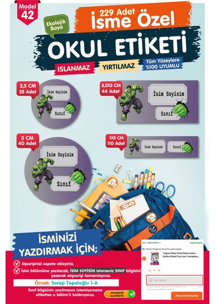 Okul Etiketi Hulk Kalem Defter Etiketi Özel Isim Yazılabilen Etiket Seti - Isim ETIKETI-T570-OE42