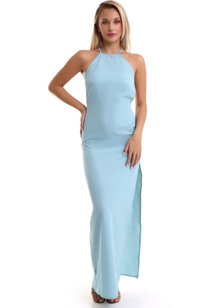 Kadın Sırt Dekolteli Yandan Yırtmaçlı Uzun Elbise 7002-450-0010