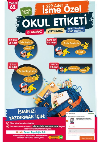 Okul Etiketi Pikachu Kalem Defter Etiketi Özel Isim Yazılabilen Etiket Seti - Isim ETIKETI-T574-OE62