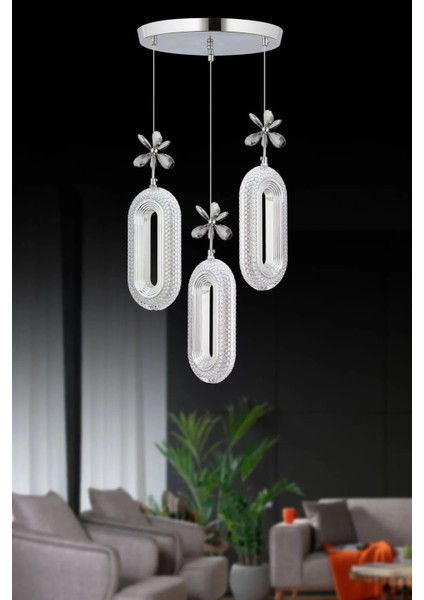 LED Alfa 3'li Gümüş Kumandalı 3 Renk Ledli Kristal Taşlı Modern LED Avize