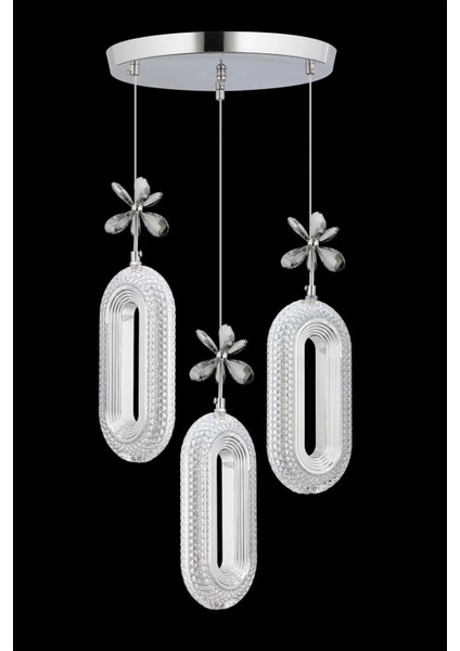 LED Alfa 3'li Gümüş Kumandalı 3 Renk Ledli Kristal Taşlı Modern LED Avize modelleri