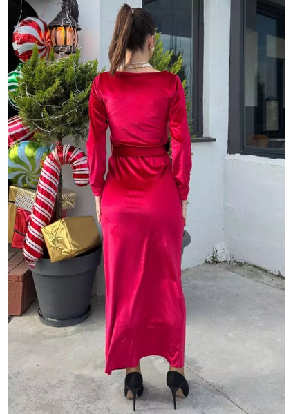 Kadın Kare Yaka Ön Büzgülü Taşlı Kemerli Kadife Elbise P-00014472 fırsatları