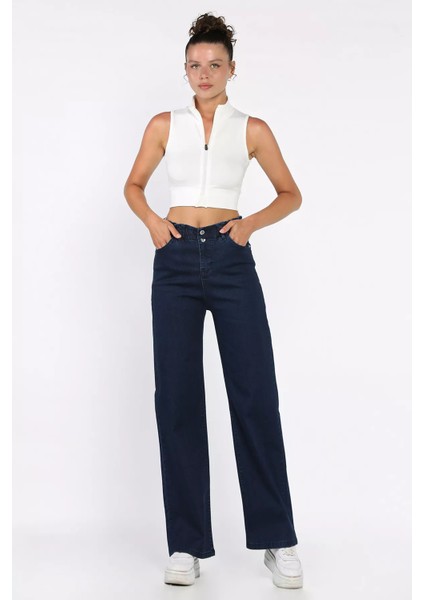 Çift Düğme Detaylı Bol Paça Likralı Kadın Jean Kot Pantolon P-00011002