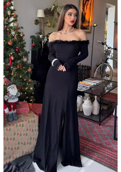 Kadın Yaka Peluş Detaylı Yırtmaçlı Elbise P-00014479