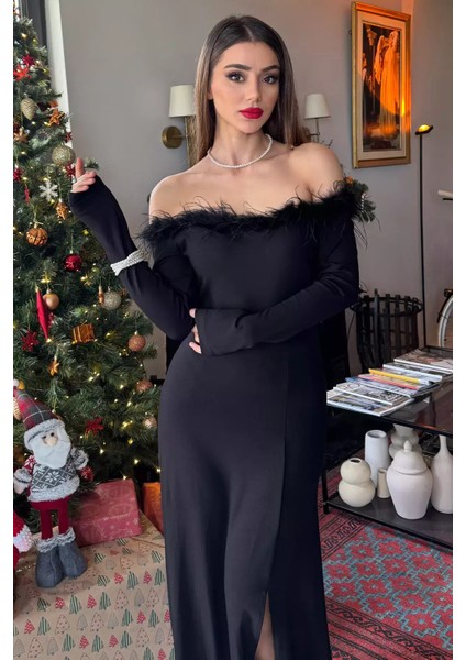 Kadın Yaka Peluş Detaylı Yırtmaçlı Elbise P-00014479 fiyatları