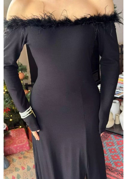 Kadın Yaka Peluş Detaylı Yırtmaçlı Elbise P-00014479 modelleri