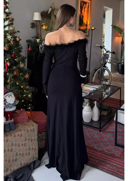 Kadın Yaka Peluş Detaylı Yırtmaçlı Elbise P-00014479 fırsatları