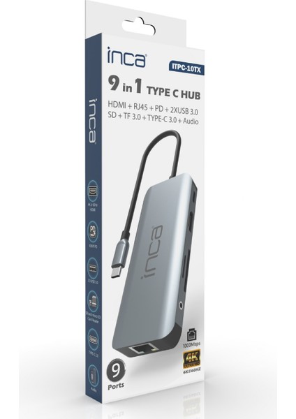 ITPC-10TX Type-C Hub + HDMI 4K 60HZ+Ethernet RJ45 1000MBPS+2XUSB3.0 +PD100W+SD +Tf 3.0 +Data + Audio Çoklayıcı Aluminyum Kasa