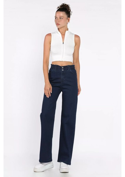 Çift Düğme Detaylı Bol Paça Likralı Kadın Jean Kot Pantolon P-00011002