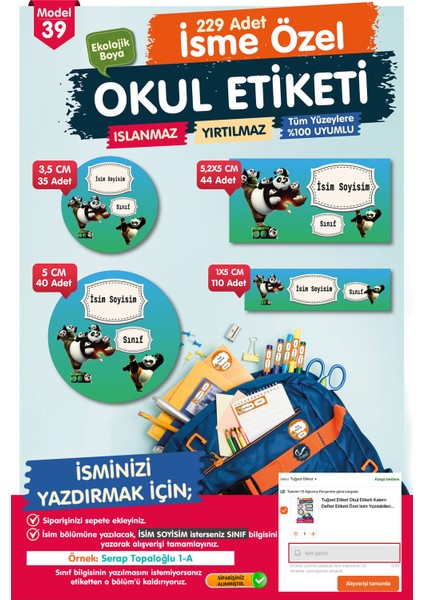 Okul Etiketi Kung Fu Panda Kalem Defter Etiketi Özel Isim Yazılabilen Etiket Seti - Isim ETIKETI-T567-OE39